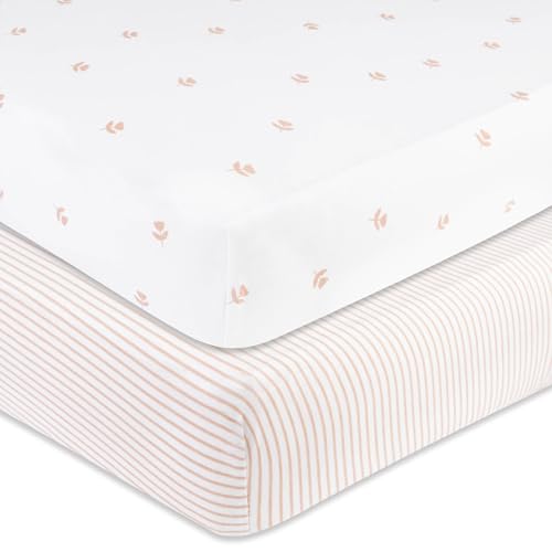Image of Crib Sheets Set 2 Pack - Baby Crib Sheets with 100% Jersey Cotton - Crib Sheets for Boys and Girls, Newborn Essentials (Crib, Pink Tulip)