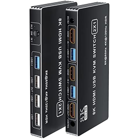 USB HDMI 2.1 KVM Switch 4K 120Hz, BolAAzuL 8K Dual-Port USB 3.0 HDMI 2.1 KVM Switch, USB-C HDMI KVM Switcher HDCP 2.3 for Nvidia AMD Xbox Series X S PS5/4 pro (without Keyboard Hotkey Switching) Cover