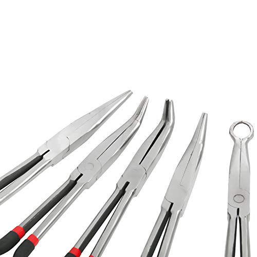 Amarine Made Long Needle Nose Pliers Set 11-Inch Pliers 5-Piece Set Nipper Bent Nose, Duckbill Pliers,End Cutting, Diagonal, Plug Cable Puller Reach Flat,45,90 Degree Angle, Straight,Curved Pliers #TOP6