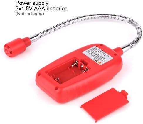 Close-up of the VIHELM WT8827 Portable Gas Detector with the battery compartment open, showing the slots for three 1.5V AAA batteries.