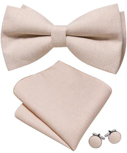 YOHOWA Beige Bow Ties for Men Cotton Linen Pre-tied Bow Tie Set with Handkerchief Cufflinks Party Wedding Prom