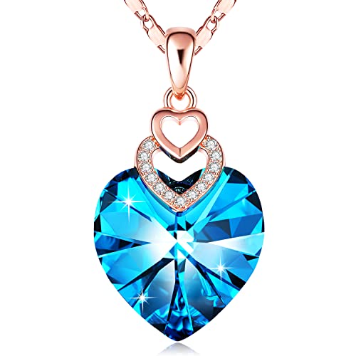 Ocean Blue 3 Hearts Crystals Necklace for Women Girl Pendant with Elegant Box Dainty Anniversary Jewelry Valentines Day Gifts for Her 14K Rose Gold Plated