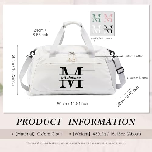 Personalized Duffel Bag with Name, Travel Duffel with Wet Pocket & Shoe Compartment, Sport Gym Bags for Women/Men, Overnight Bag for Traveling and Sports Enthusiasts (Style 1-White)2