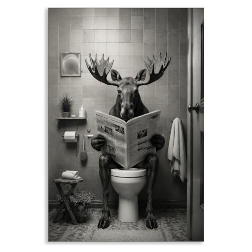 Moose on Toilet Reading Newspaper Canvas Wall Art, Funny Animal Picture Black White Bathroom Poster, Humorous Moose Print Whimsical Restroom Guest Room Wall Decor 12x16in Unframed