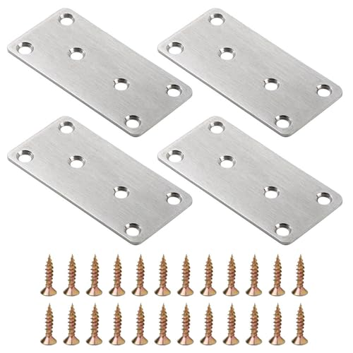 Piastre di riparazione in acciaio inossidabile con 6 fori, 4 pezzi piastra piatta con viti, staffa di giunzione diritta per mobili in metallo e legno (50 x 100 mm)