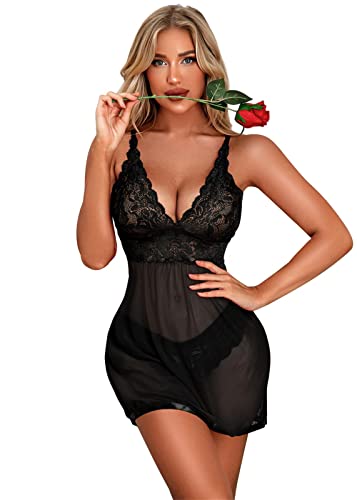 Thisrose Women's Lingerie Lace Babydoll Chemise V-Neck Sleepwear Black Lingerie For Women Teddy Black-Xxl #TOP3