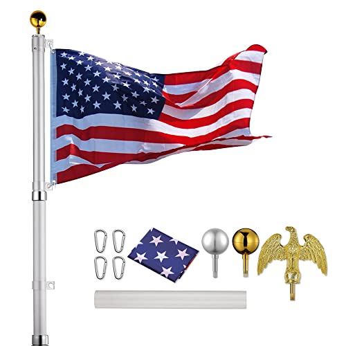 Yeshom 20 Feet Telescopic Aluminum Flag Pole Eagle Top And 3'X5' Us Flag & Ball Top Kit Telescoping Flagpole Set #TOP15