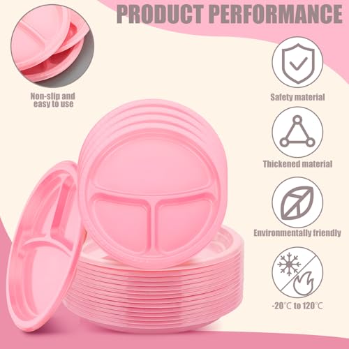 Umigy 100 Pcs 10 Inch 3 Compartments Divided Plastic Plates Bulk Colorful Disposable Heavy Duty Round Dinnerware for Party Valentine Wedding Birthday(Pink) by Umigy - Image 3
