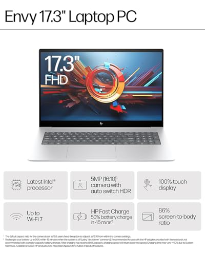 HP Envy Touchscreen Laptop for Business - 17.3" FHD Anti-Glare Display, Intel 16-Cores Ultra 7 155H (up to 4.8 GHz), Windows 11 Pro, Backlit Keyboard, Wi-Fi 7 (16GB DDR5 RAM | 512GB SSD)