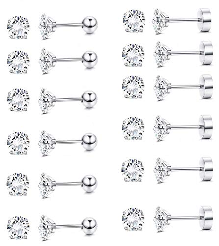 Carshier 316L Stainless Steel Mens Womens Stud Earrings Cartilage Ear Studs Piercings Helix Tragus Barbell Cz Flatback Earrings Set 5Mm #TOP4