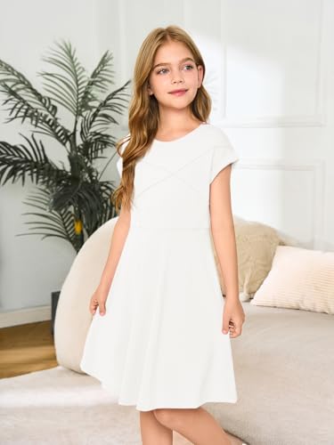 Haloumoning Girls Summer Short Sleeve Dresses Kids Pleated Skater Twirl A Line Dress with Pockets 5-14 Years3