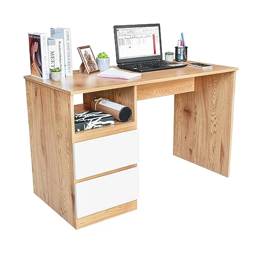 Catálogo de Home Depot Escritorios comprados en linea. 47 TOPLIVING Escritorio Diseño Nórdico Ideal para Home Office con Cajonera Doble, Escritorio de Melamina Resistente con Espacios de Almacenamiento Blanco y Beige