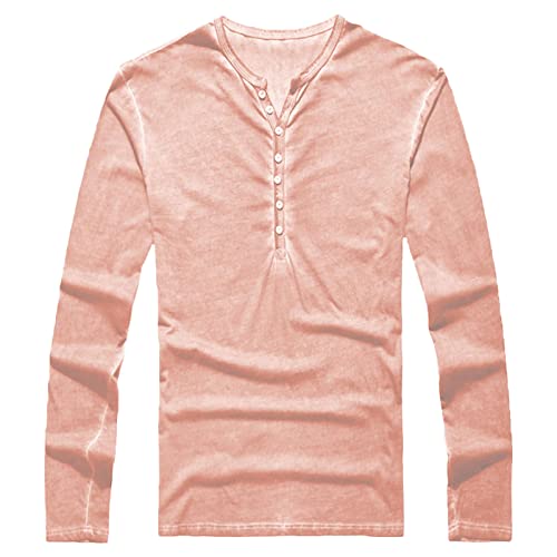 Mens Casual Slim Fit Buttons Pullover Top Fashion Long Sleeve Cotton T-Shirt Vintage Basic Henley Shirts (3X-Large,Pink)