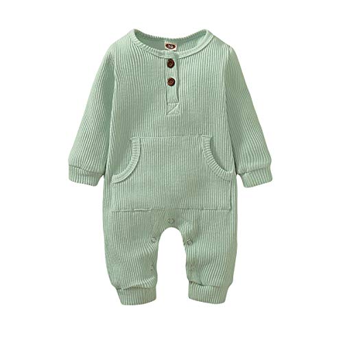 Fall Bodysuit for Infant Baby Girl Boy Long Sleeve Cotton Romper with Kangaroo Pocket (Green, 3-6 Months)