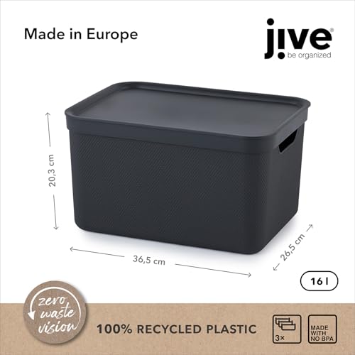 Jive Dekobox 3er- Set Aufbewahrungsbox 16l mit Deckel, Kunststoff (PP recycelt), dunkelgrau, 3x16l (37.5 x 27.8 x 29.8 cm), Anthrazit