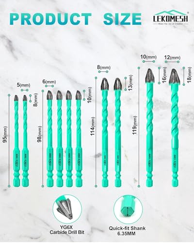 LEKOMESH 10PCS Carbide Masonry Drill Bit Set, 3/16"–1/2", 4-Cross 9-Edge Tip for No Walking & Precise Drilling, Hex Shank Multi-Material Bits for Tile, Ceramic, Brick, Concrete, Glass, Wood — view 2