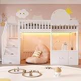 Letto a soppalco per Bambini 90x200cm con Striscia Luminosa a LED, Scaletta Contenitore, p...