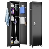 Aobabo 183CM Broom Closet Storage Cabinet with Wheels, Metal Cleaning Tool Janitorial Utility Cabinet Cleaning Supplies with Locking Door Rack Shelf for Broom mops Garage Storage,Black - Image 1