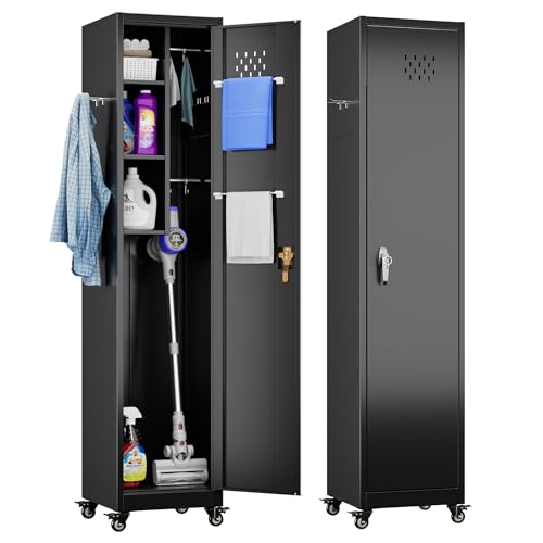 METALYEYE 72''H Metal Broom Closet Storage Cabinet with Wheels & Pegboards, Mops Broom Closet Organizer with Locking Door & Hanging Rod,Cleaning Tool Garage Storage Cabinet,Assembly Required,Black