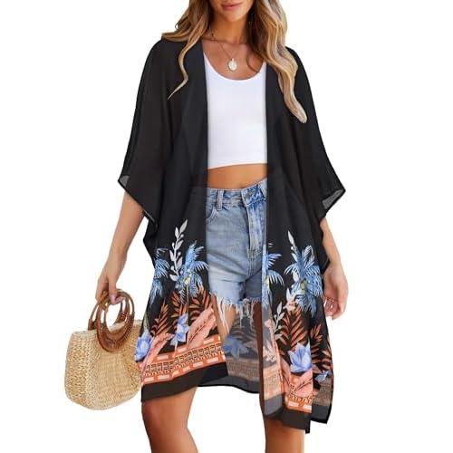 Womens Summer Beach Kimono Loose Cardigans for Swimsuit Casual Swimwear Coverups(Black Tropical Plants,S)