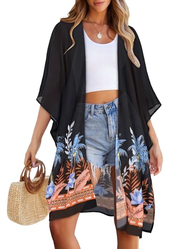 Image of Women's Kimono Swimsuit Coverups Summer Beach Loose Cardigans for Swimwear | CHICGAL Casual Open Front Chiffon Cover Up, 3 /4 Sleeve Lightweight Vacations Outfits 2026, Long Summer Resort Wear