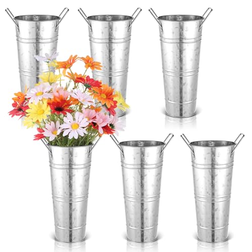 BOHUIZ 6 PCS Galvanized Metal Vases for Flowers, 9' Farmhouse Rustic French Flower Bucket with Handles Rustic Style Metal Flower Holder for Cut Flowers, Country Wedding, Table Centerpiece Decorations