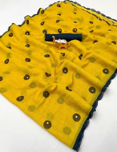 Image of Women's Linen Cotton Blend Saree Multicolor Ikat Brush Print Scalloped Border with Floral Print Unstitched Blouse Piece
