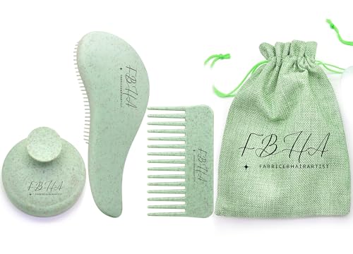 FBHA Kit de Soins Capillaires 4 en 1, Brosse Démêlante, Peigne, Brosse à Shampoing, Pochette en Lin, Naturel (VERT)
