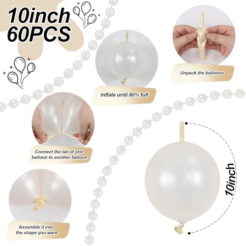 Image of Pearl White Linking Balloons, 60PCS 10 Inch Pearl Color Quick Link Balloons for Making Balloon Wall Heart Arch, Tails Balloon for Wedding Birthday Baby Shower Engagement Graduation Party Decorations