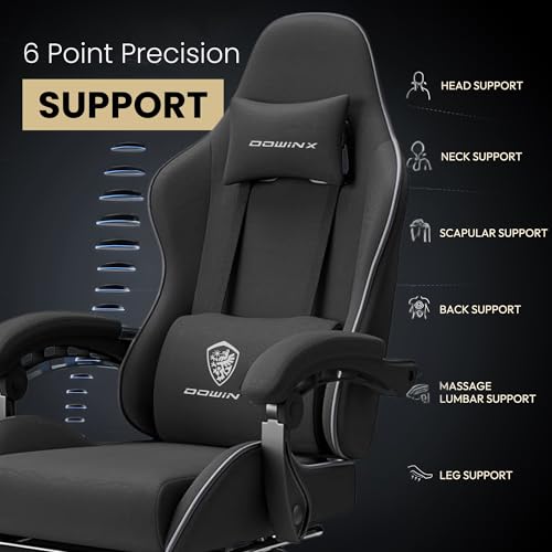 Dowinx Gaming Chair – Massage Cushion, Breathable Fabric, Ergonomic Design with Footrest, 360° Swivel, Adjustable Neck & Lumbar Pillow for Back... - Image 5