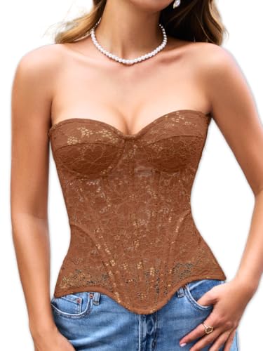 ChiaoLezhee Women's French Romance Corsets, Sheer Floral Lace Push-Up Bustier with Boning Adjustable Lacing,Lace Up Mesh Strapless Overbust Wedding Bridal Corset Top,Brown X-Large