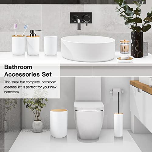 JOTOM 7 Pieces Bamboo Bathroom Accessory Set Luxury Plastic Bathroom Accessories Set Qtip Holder Toothbrush Holder Tumbler Toilet Brush Set Soap Dish Trash Can Soap Dispenser Bath Set Gift (White) - Image 6
