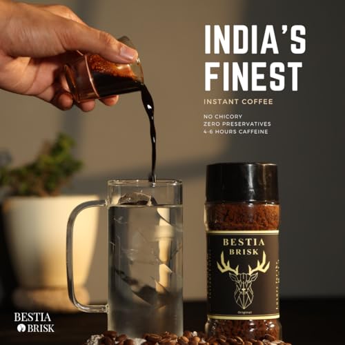 Image of Bestia Brisk Instant Coffee Original, Light Roast, 4-6 Hours Energy, Preservative-Free, No Chicory, Zero Sugar, Slow Roasted, Gourmet, 60% Arabica & 40% Robusta, AAA Grade, Coorg, Single Origin, 100g