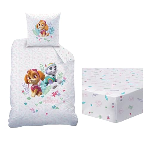 OMYDREAM Pat Patrouille Paradise Parure de Lit et Drap Housse Enfant | 100% Coton | Oeko-TEX | Housse de Couette 140x200cm + 1 Taie d'oreiller 63x63cm + 1 Drap...