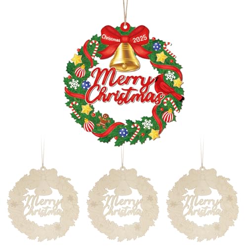 Paintable Christmas Ornaments 3 Sets, Wooden Ornaments to Paint, Unfinished Merry Christmas Wreaths Wood Crafts for Painting, Wood Cutouts DIY Xmas Ornament for Front Door Decor