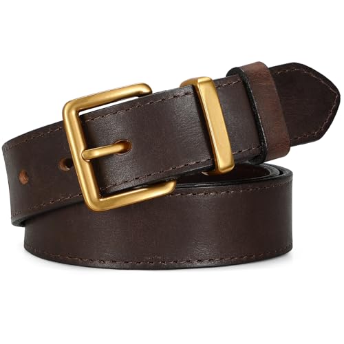 Image of SUOSDEY Genuine Leather Belts for Women Men Handmade Vintage Black Brown Women Belt for Jeans, Dresses with Gold and Silver Buckle 1.2" Width