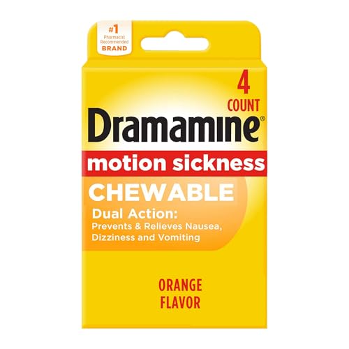 Dramamine Motion Sickness Chewable, Tablets to Prevent & Relieve Motion Sickness, Dizziness & Nausea, Orange Flavor, 4 Count