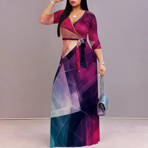 Image of PinkPatty Women's Plus Size Maxi Dresses Casual Flowy 3 /4 Sleeves Dress Printed Vacation Dress for Daily Wear with Belt