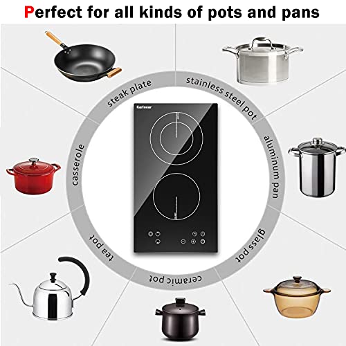 Karinear 2 Burner Electric Cooktop 12 Inch, Drop-In Electric Radiant Cooktop 220V - 240V With Child Safety Lock, Timer, Residual Heat Indicator, 3200W, Hard Wired, No Plug Electric Stove Top #TOP4