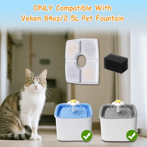 16 Pack Replacement Filters & 16 Pack Pre-Filter Sponges for Veken 84 oz / 2.5L Automatic Pet Water Fountain, Triple Filtration Cat Fountain Replacement Filter