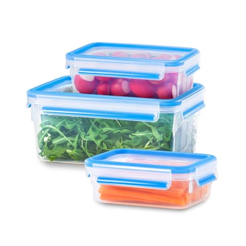 Emsa Clip & Close - Set de 3 Conservadores Herméticos de Plástico Rectangular, higiénico, no retiene olores ni sabores 100%, certificación 'Baby care', Transparente y Azul, 1 L/2.3 L/3.7 L
