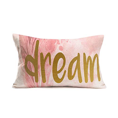 Fukeen Inspirational Words Dream Throw Pillow Cases Pink Watercolor Paint With Golden Letters Pillows Cushion Cover Cotton Linen Rectangular 12X20 Inch Personalized Waist Pillowcase Home Couch Decor #TOP29