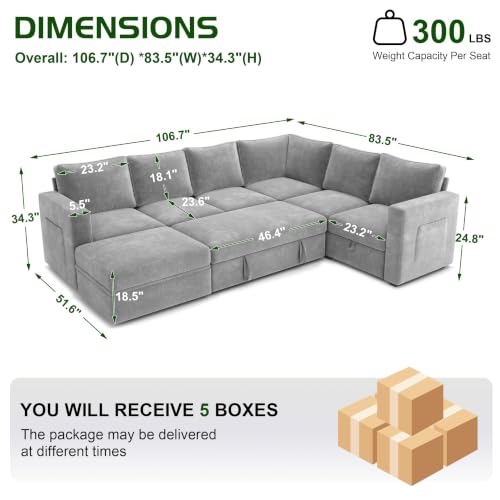 Image of 106.7 inch Chenille Sectional Sleeper Sofa, Pull Out Couch with Storage, Gray | 7 Seat Comfy Couches for Living Room, Apartments, or Guest Spaces; Sectionals Modular Sofa Design, Comfortable Seating.