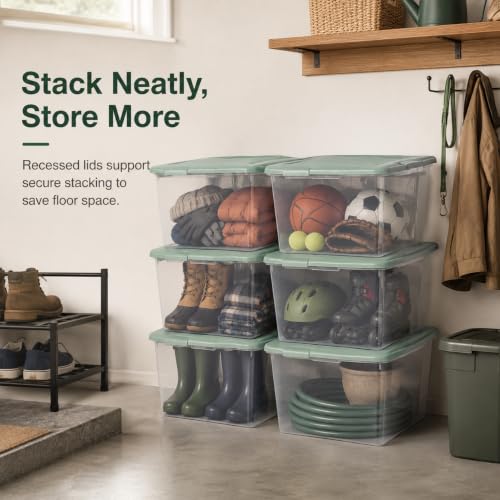 Image of Storage Bins 66 Qt Clear Latching Lid Stackable 6 Pack Sage Green