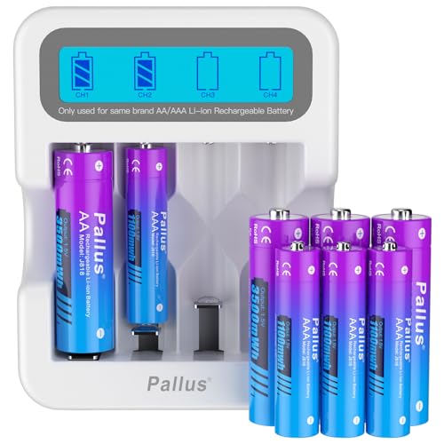 Pallus Lithium Rechargeable AA and AAA Batteries, 4 Pack 3500mWH and 4 Pack 1100mWH with Fast LCD Charger, High Capacity, 1600 Cycle Times