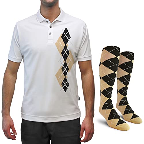Dry Fit Graphic Golf Polo Shirt for Men, Great for Sports and All Outdoor Activities - Argyle Paradise - OO: Khaki/Black - 3XL with Socks