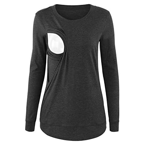 Ecavus Women's Maternity Nursing Tops Double Layer Short&Long Sleeve Casual Loose Breastfeeding T-Shirt (Z-A4.Dark Grey, S) Cover