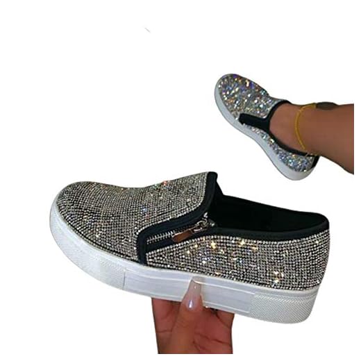 Damenschuhe, Stilvolle Damen Slip On Shiny Strass Zipper Platform Schuhe Low-Cut-Sneakers Schwarz 35