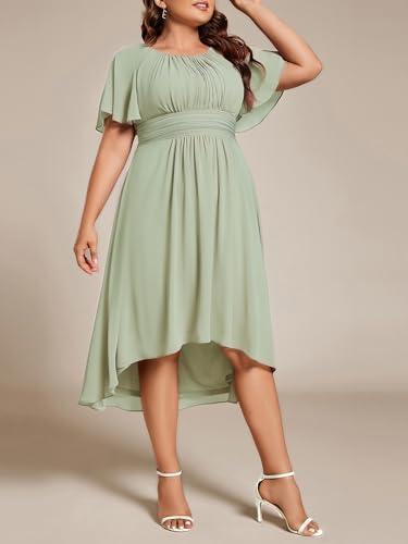 Image of Ever-Pretty Women's Plus Size Formal Wedding Guest Dresses for Curvy Women A Line Chiffon Midi High Low Cocktail Dress