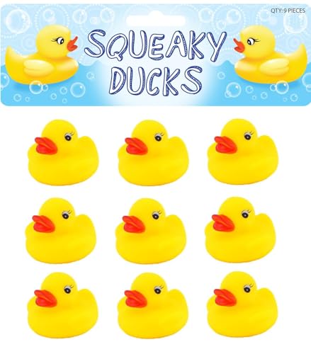 Henbrandt 1 Pack of Nine Yellow Squeaky Ducks Mini Rubber Bath Toys 5cm Water Games Paddling Pool Party Favours Loot Bag Fillers Children Summer Fun